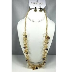 Ellen Tracy Druzy Necklace Set Gray Gold Tone Long Chain Earrings